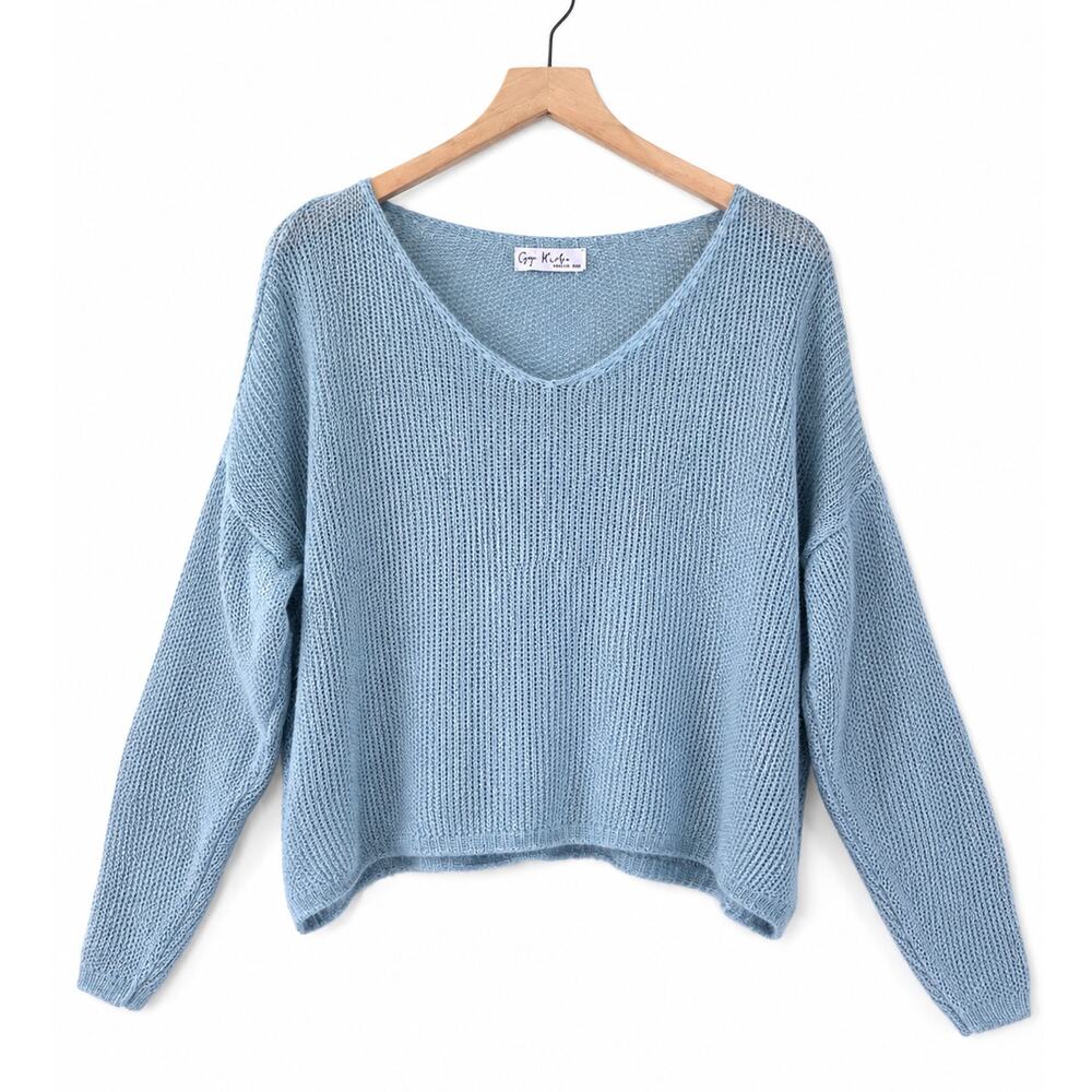 Gigi Moda Italy Open Knit V-Neck Sweater Blue Green Medium Oversized Lightweight